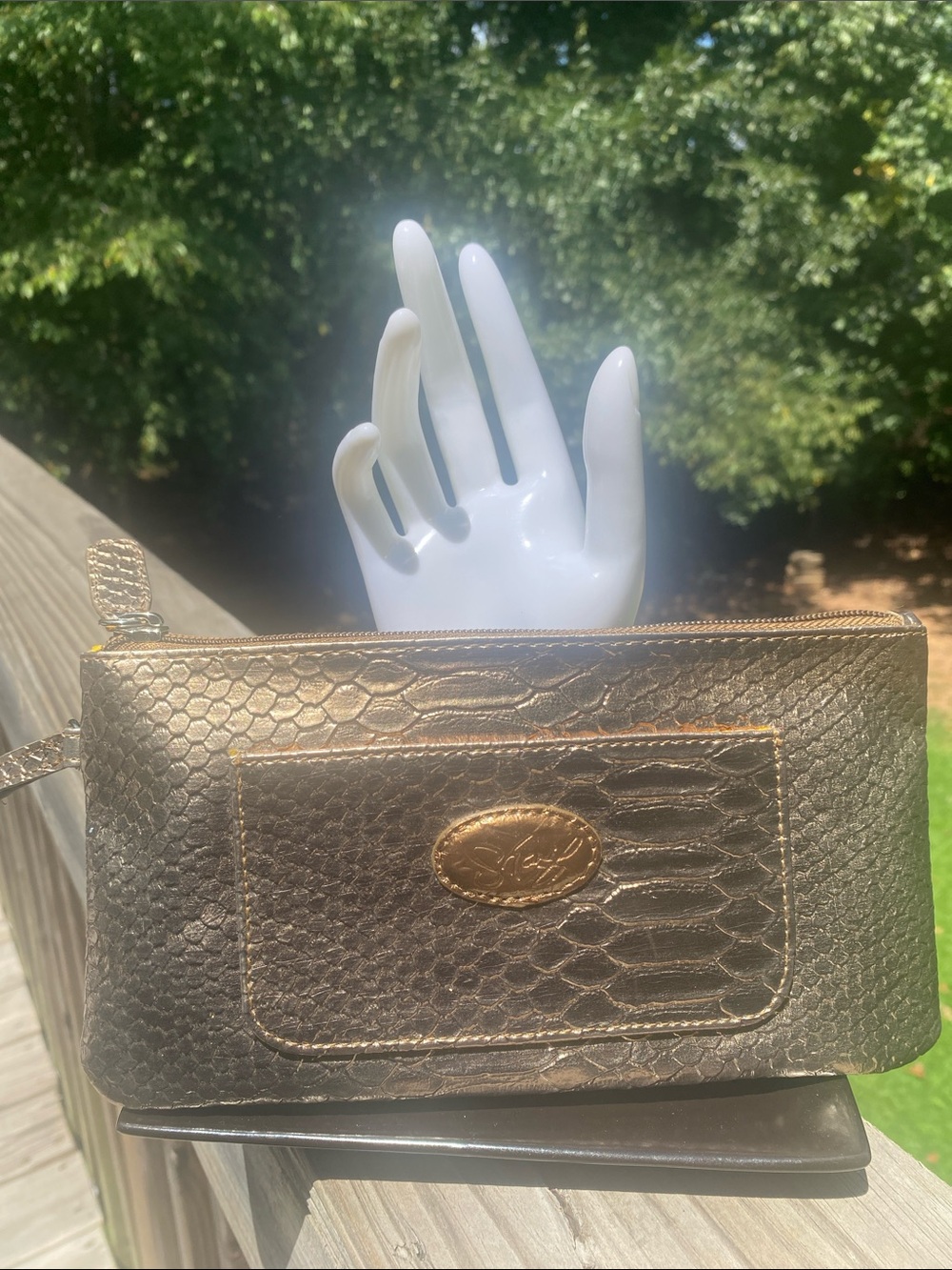 Sharif Metallic Gold Snake-Embossed Wristlet Clutch